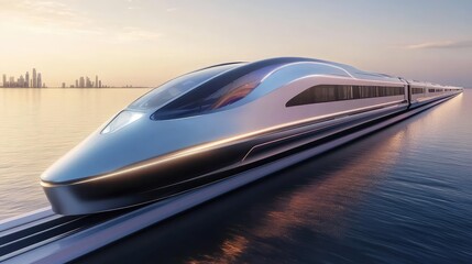 A modern bullet train captured at a sharp turn, demonstrating its engineering precision and ability to maintain high speed