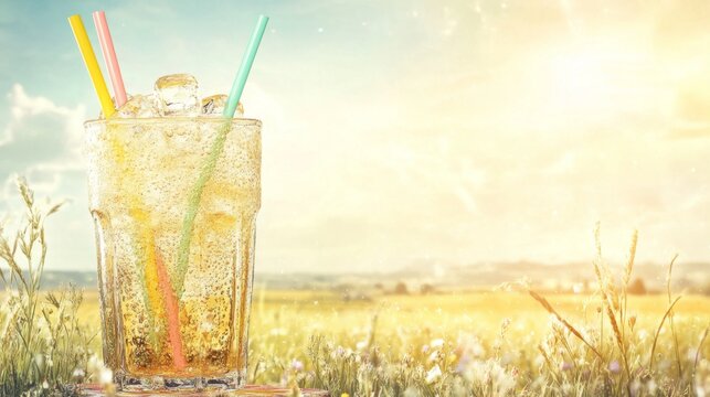 Refreshing Drink in Glass with Straws Against Sunny Nature Scene