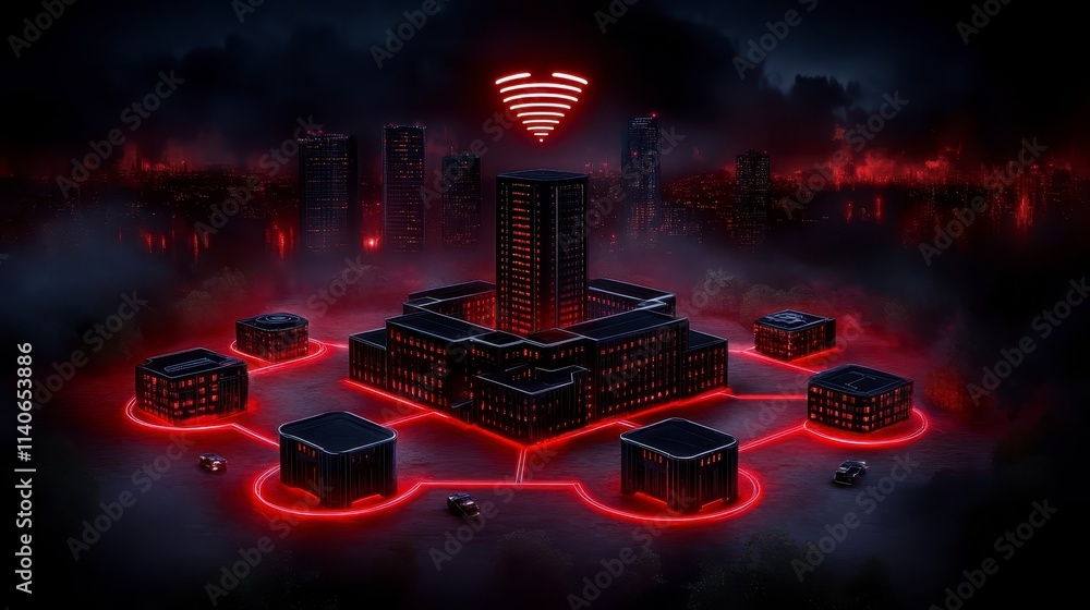 Poster a dark, futuristic cityscape featuring illuminated structures connected by glowing lines, evoking a 