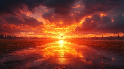 A stunning sunset over a reflective runway with an aircraft silhouetted against the sky.
