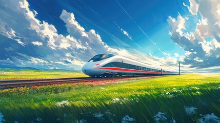 Fototapeta premium A modern bullet train gliding through a countryside landscape, surrounded by vibrant green fields and blue skies