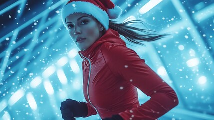 An athletic woman in a red sport suit and Santa Claus hat, jogging on a treadmill, minimalist icy blue background, knee shot, focused face, soft festive glow, dynamic composition, cinematic lighting,