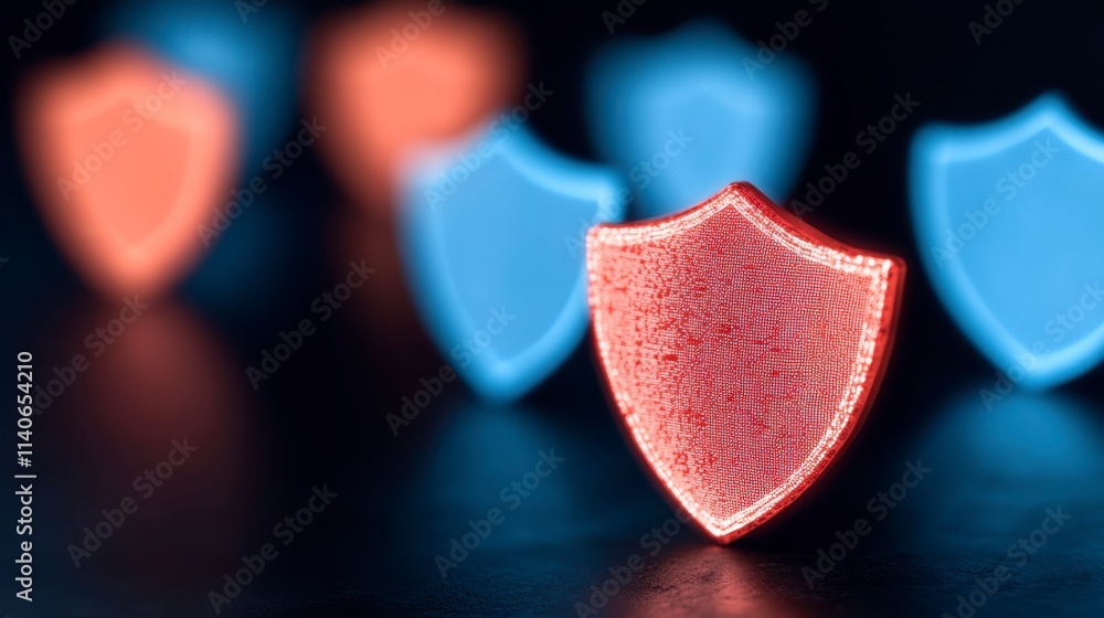Poster colorful shields in blue and red create a visually striking display, symbolizing protection and secu