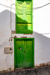 A green door with a cat sitting on it