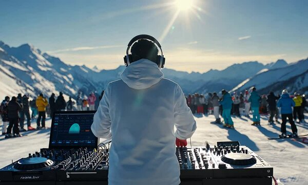 DJ performing in a snowy mountain landscape.