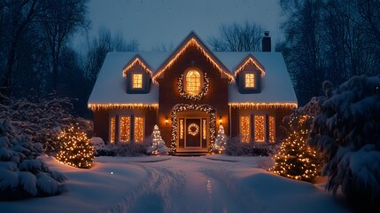 A festive home decorated with sparkling fairy lights and luminous garlands, the soft glow reflecting off fresh snow, vibrant holiday colors creating warmth, peaceful night sky,