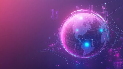 A floating digital globe with animated network lines representing real-time trade flows, isometric view, high-tech, gradient neon tones