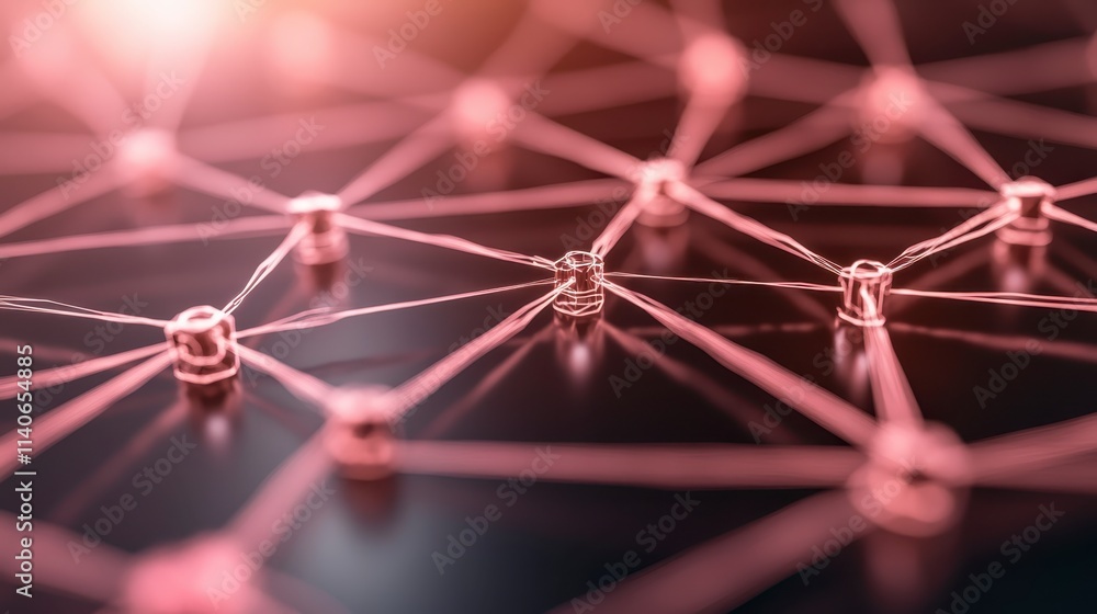 Poster a close-up view of interconnected nodes and lines, representing a network, illuminated with soft lig