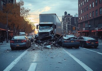 A truck and several cars involved in an accident on the streets