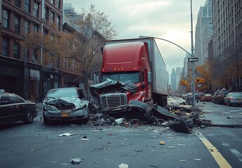 A truck and several cars involved in an accident on the streets