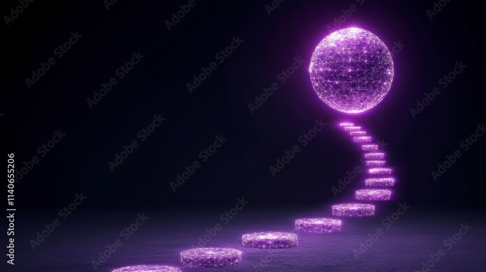 Poster a glowing purple sphere surrounded by a winding path of luminous discs against a dark backdrop, crea