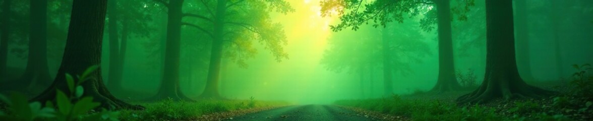 Fototapeta premium Morning light illuminating a misty forest with neon green fog, soft focus, ambient lighting, dreamy atmosphere