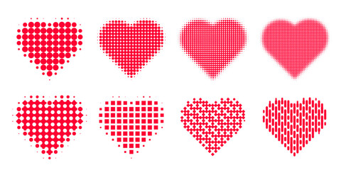 Set of heart-shaped elements in a halftone pop art style, featuring varying dot densities and angles. Vector graphics on a transparent background