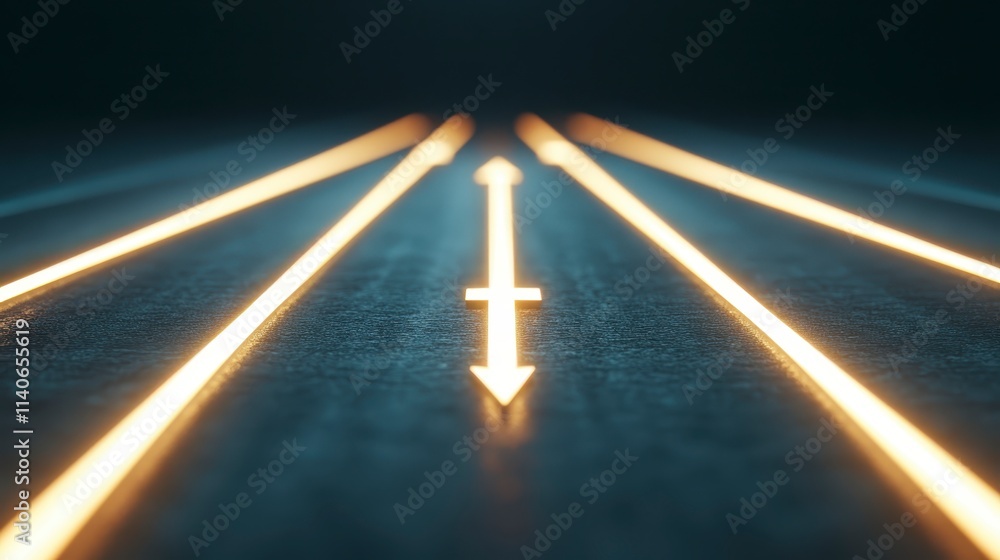 Poster a digital artwork featuring illuminated arrows converging towards a central point, creating a dynami