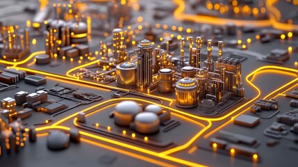 A futuristic cityscape with glowing circuits and structures, showcasing a blend of technology and urban design.