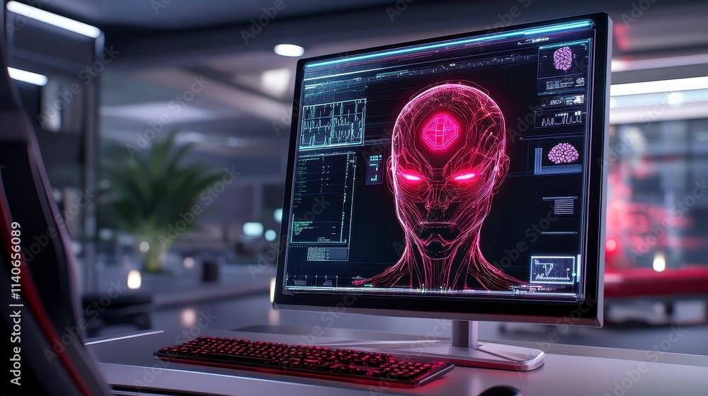 Poster a futuristic computer display shows a digital humanoid figure with glowing features, set in a sleek,