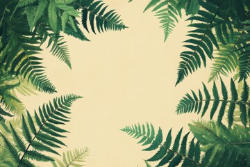 Fototapeta premium Vintage style botanical illustration, green fern leaves on beige background, natural texture, Generative AI