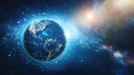 Obraz premium A futuristic representation of global connections, a globe surrounded by spinning holographic data points, sci-fi, high resolution, vibrant tones