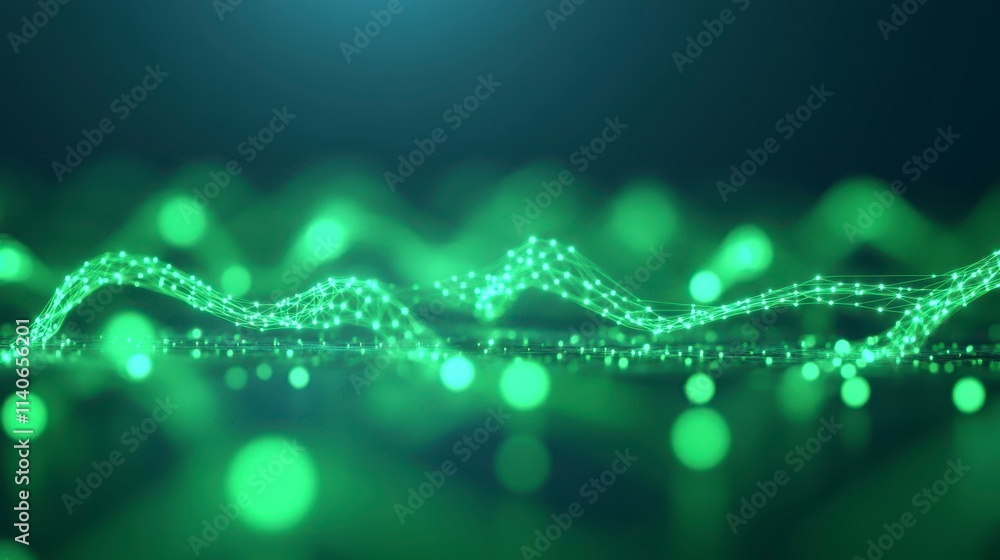 Poster a mesmerizing green wave pattern with illuminated dots creates a dynamic, digital visual effect, evo