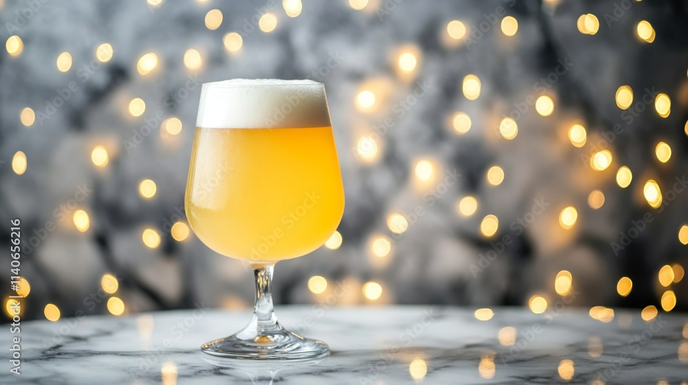 Poster refreshing glass of craft beer with bokeh background lights