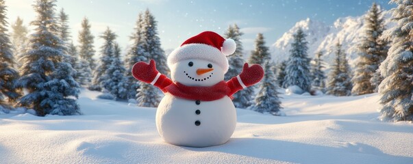 Obraz premium Snowman wearing christmas hat and scarf in snowy landscape