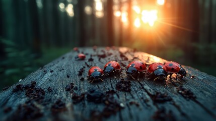 A group of ladybugs clustering together on a worn wooden surface with a golden sunset backdrop, symbolizing unity and the calmness of evening.