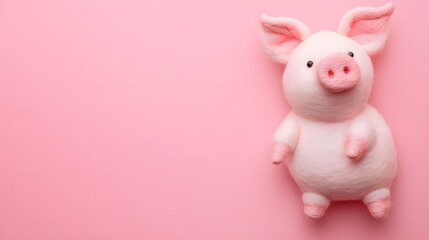A handmade felt pig laying flat on a pink background