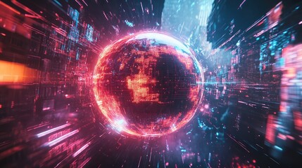 Obraz premium A futuristic representation of global connections, a globe surrounded by spinning holographic data points, sci-fi, high resolution, vibrant tones