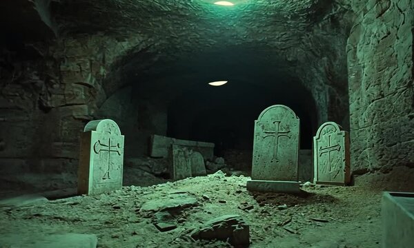 Mysterious Underground Cave with Illuminated Ceiling and Gravestones Surrounded by Shadows and Eerie Atmosphere Captured in a Dark, Gloomy Environment