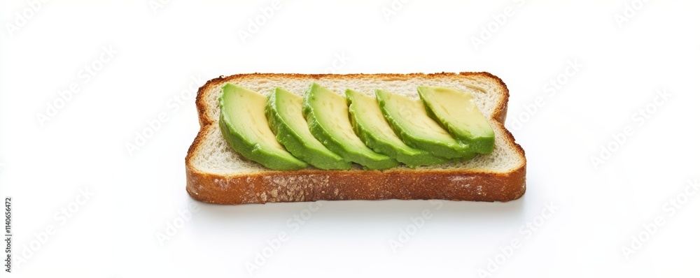 Poster sliced avocado resting on toasted bread slice on white background