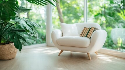 A sunlit room offers a tranquil corner featuring a cozy white chair with assorted books, blending comfort and relaxation with nature's serene green backdrop.
