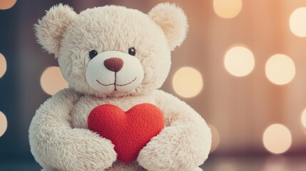Obraz premium A cute teddy bear holding a red heart, set against a blurred, warm background, evokes feelings of love and comfort.