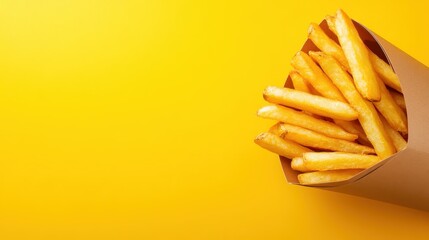 This image captures crispy golden french fries against a vibrant yellow backdrop, showcasing the delicious and inviting appeal of classic fast food favorites.