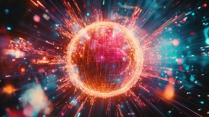 Obraz premium A futuristic representation of global connections, a globe surrounded by spinning holographic data points, sci-fi, high resolution, vibrant tones