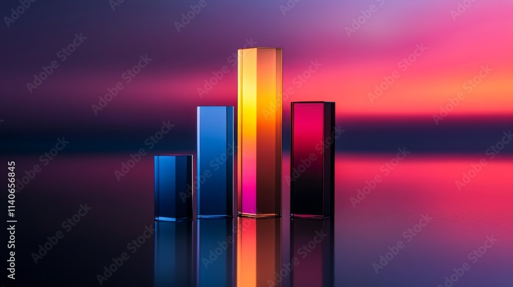 Poster colorful abstract bars on a reflective surface with gradient background