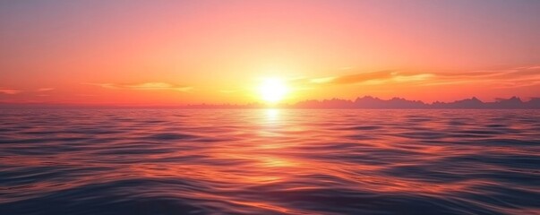 Sunset over calm sea, warm orange pink gradient sky, silhouette of distant mountains, Generative AI