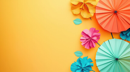 Obraz premium Colorful Paper Umbrellas and Flowers on Bright Yellow Background Creating a Vibrant and Cheerful Atmosphere for Decorations or Events