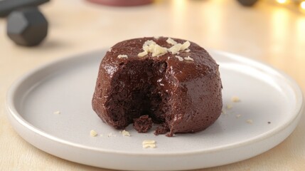 A decadent chocolate lava cake with a gooey center, topped with nuts, served on a simple plate against a softly lit background.