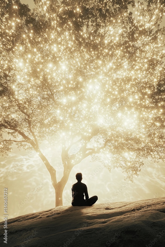 Poster a man sitting under a tree of light its branches stretching endlessly into the sky.