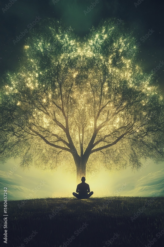 Poster a man sitting under a tree of light its branches stretching endlessly into the sky.