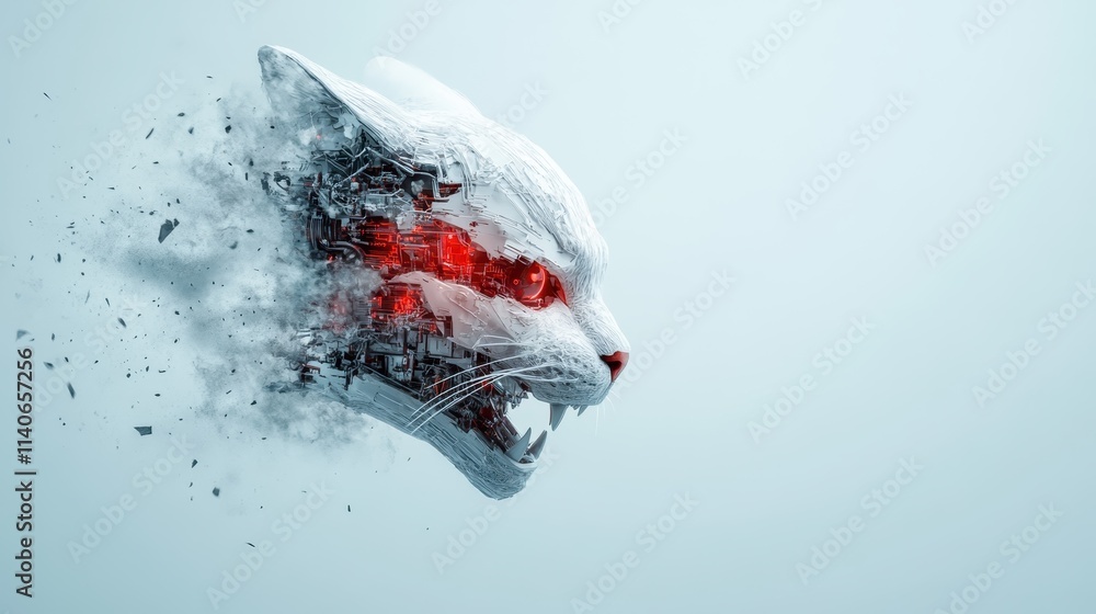 Poster a futuristic robotic cat design featuring complex circuitry and mechanical elements, showcasing a bl