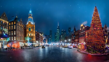 Obraz premium Festive Cityscape Christmas Lights Snowy Street Illuminated Buildings