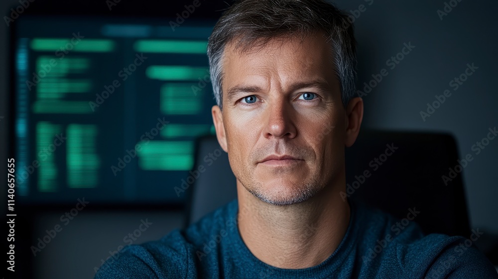 Poster a focused man sits in front of a computer, with green coding on the screen, conveying a sense of con