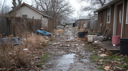 Naklejka premium A deserted and neglected residential alleyway littered with trash and debris, surrounded by fences and bare winter trees on a gloomy day in an urban neighborhood.