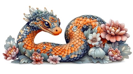 Fototapeta premium A Colorful Snake Adorned with Vibrant Flowers.
