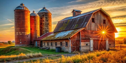 Fototapeta premium Rustic Charm: Old Barn & Silos - Documentary Photography
