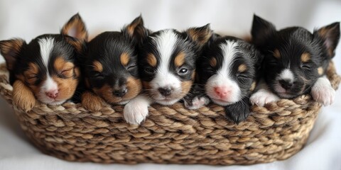 Obraz premium An Adorable Group of Five Sleeping Puppies Peacefully Resting Together in a Cozy Woven Basket in a Serene Setting Highlighting Their Playful Cuteness