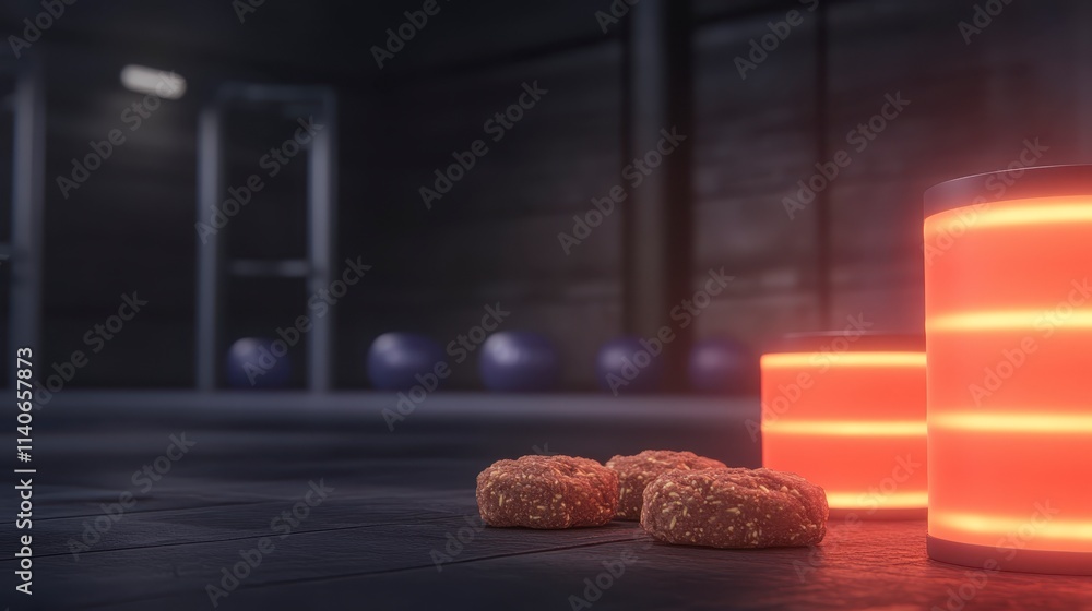 Poster a futuristic scene featuring glowing containers and snacks on a dark floor, creating a mysterious an
