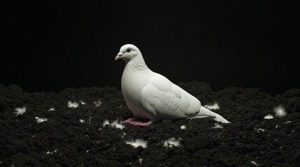 Fototapeta premium White dove resting on dark soil with scattered feathers