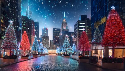 Magical Christmas Cityscape Snowy Night Illuminated Trees